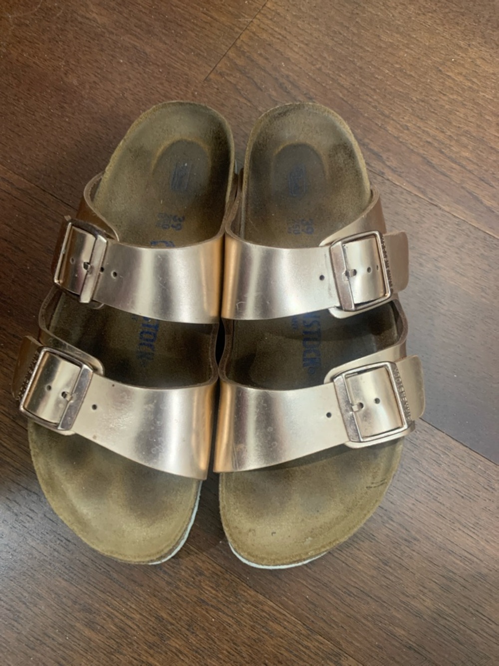 Birkenstock Metallic Rose Gold Arizona Two-Strap Sandals